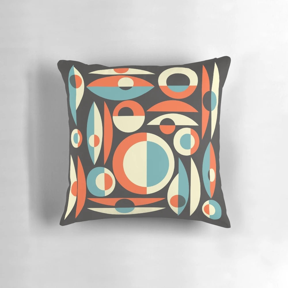 Vibrant retro-style Pisces throw pillow with abstract atomic-inspired design