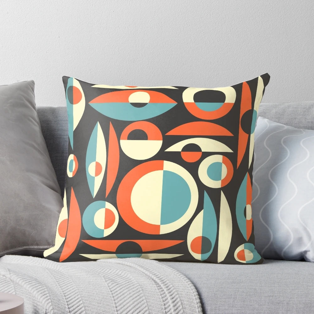 Vibrant retro-style Pisces throw pillow with abstract atomic-inspired design