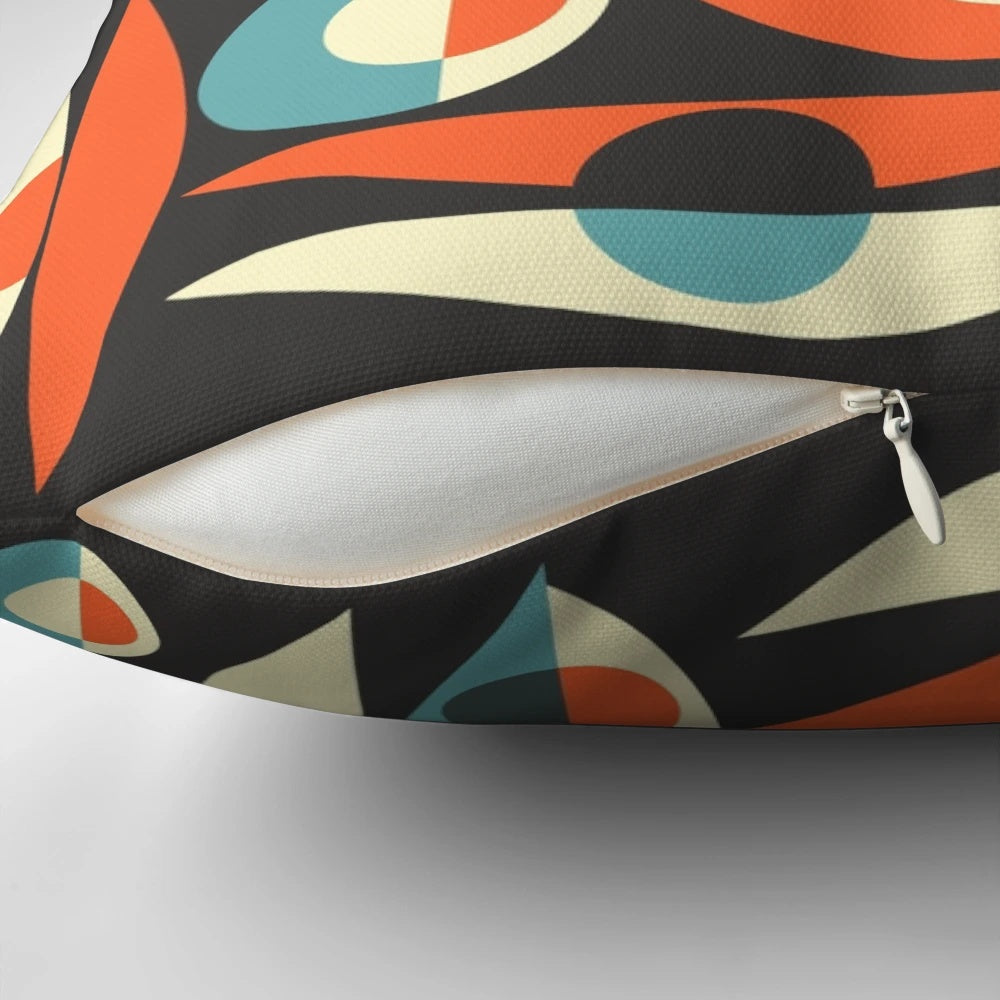 Vibrant retro-style Pisces throw pillow with abstract atomic-inspired design
