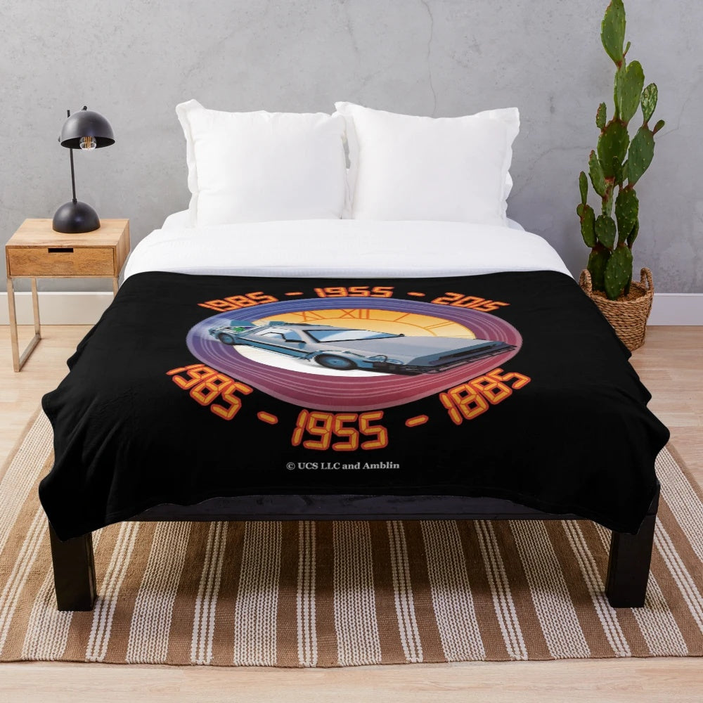 Back to the Future inspired plush blanket with Delorean car and Marty McFly