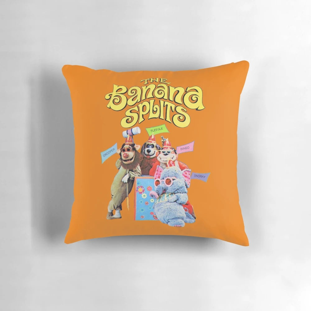 Colorful retro-style pillow featuring the beloved Banana Splits characters - Drooper, Fleegle, Bingo, and Snorky.