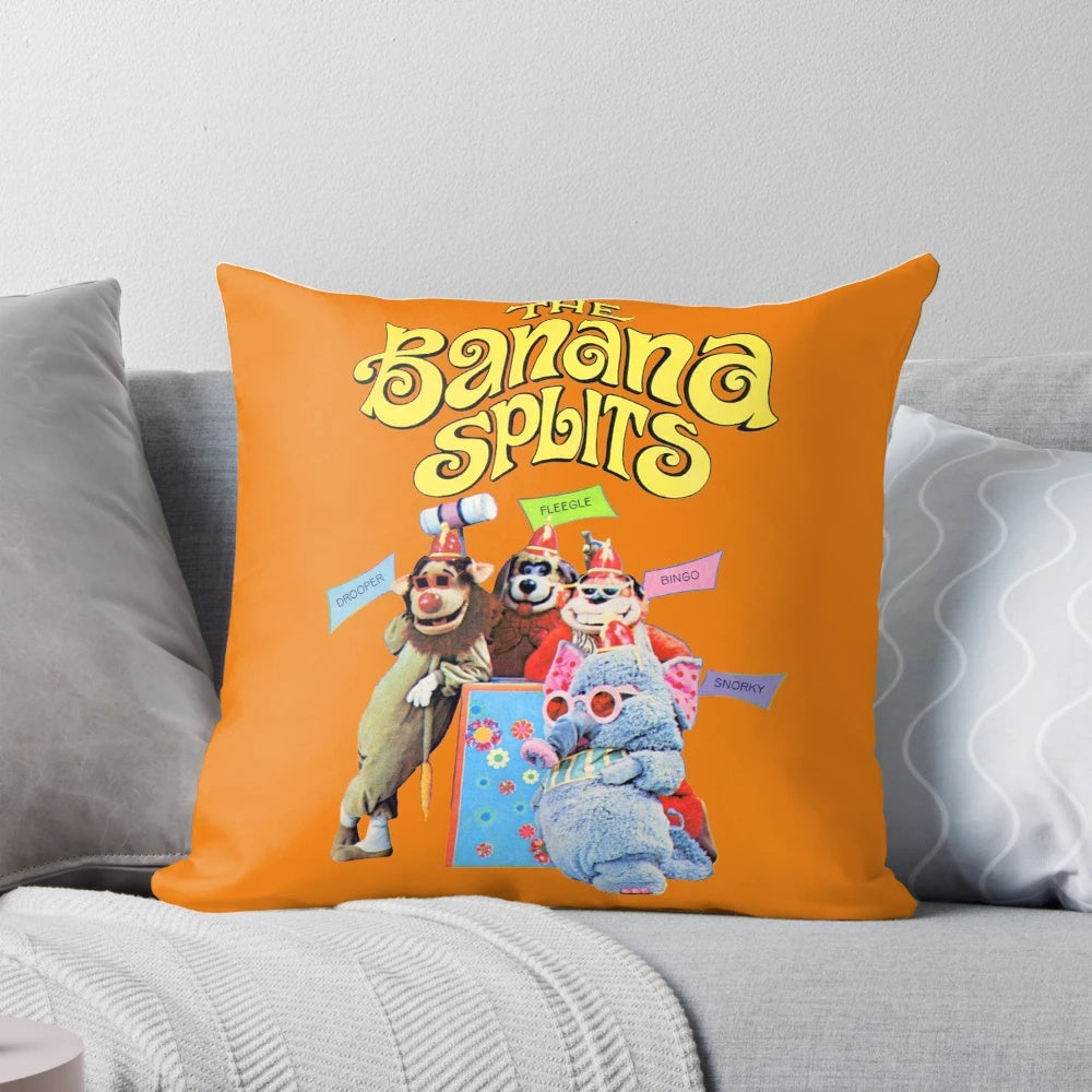 Colorful retro-style pillow featuring the beloved Banana Splits characters - Drooper, Fleegle, Bingo, and Snorky.