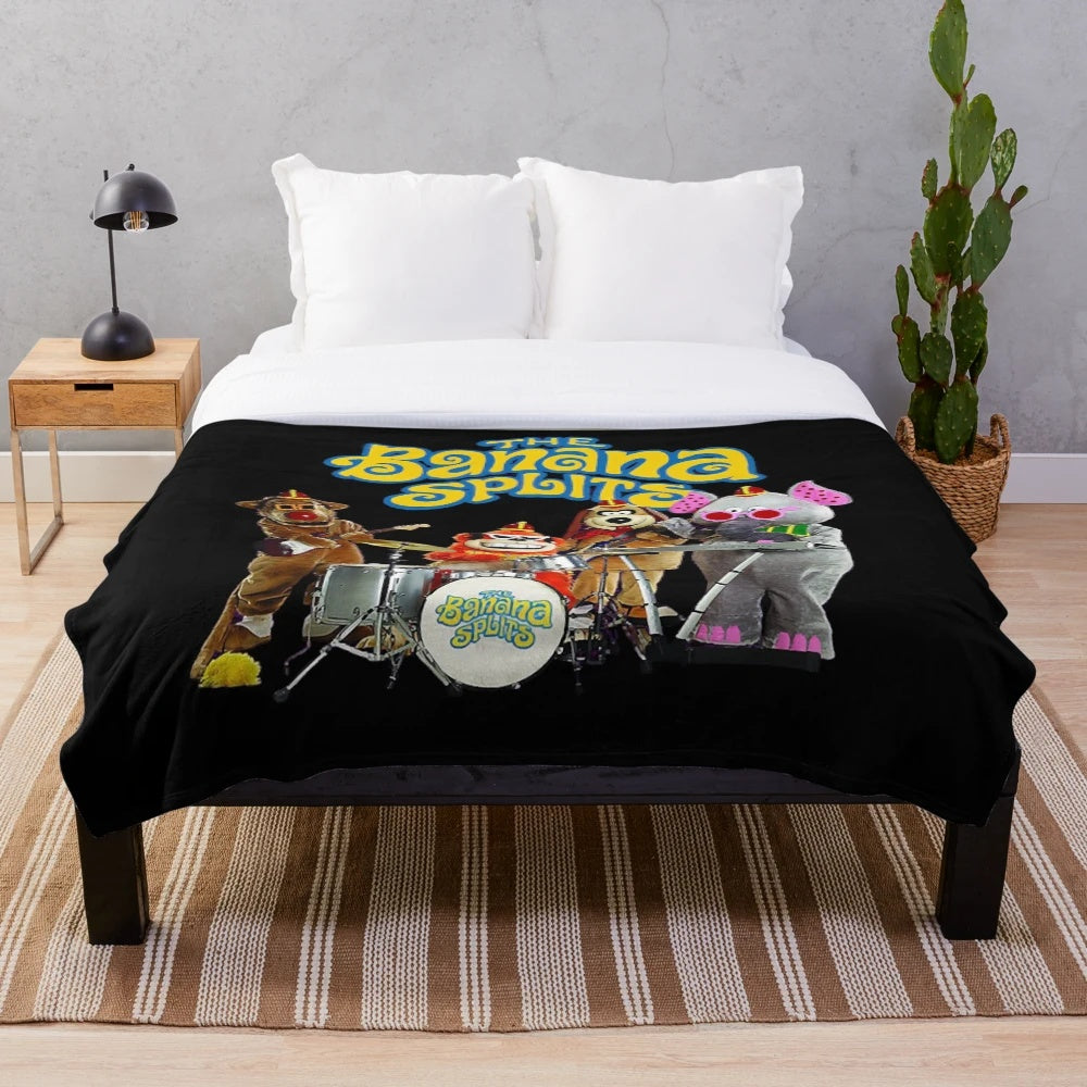 Retro Banana Splits inspired plush blanket with classic 70s TV show characters