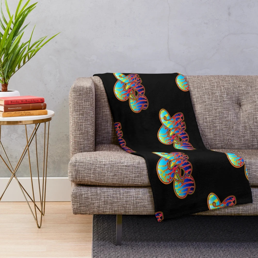 Plush blanket featuring retro band logos for classic rock music fans