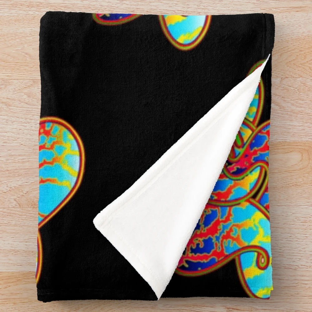 Plush blanket featuring retro band logos for classic rock music fans