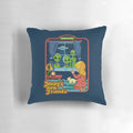 Decorative throw pillow featuring a retro, vintage-inspired design with aliens, UFOs, and a dark, humorous twist.