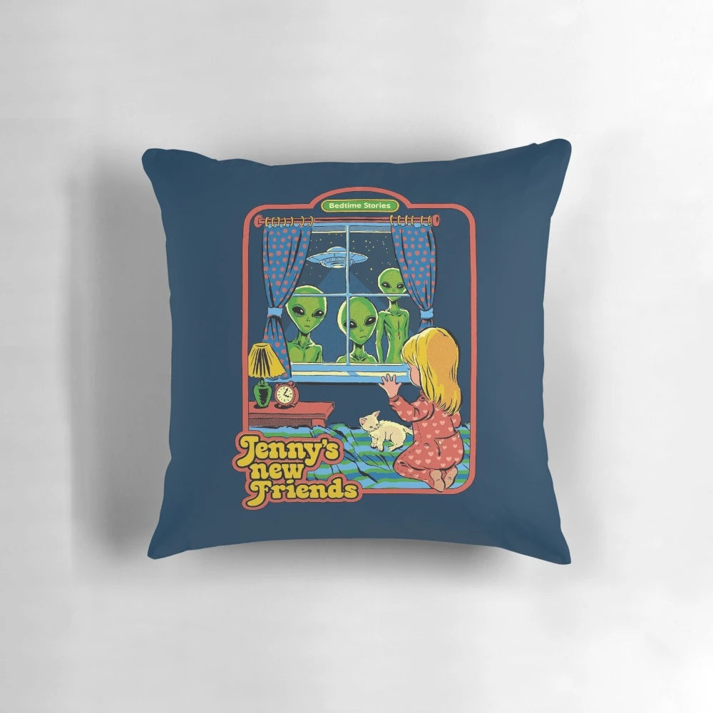 Decorative throw pillow featuring a retro, vintage-inspired design with aliens, UFOs, and a dark, humorous twist.