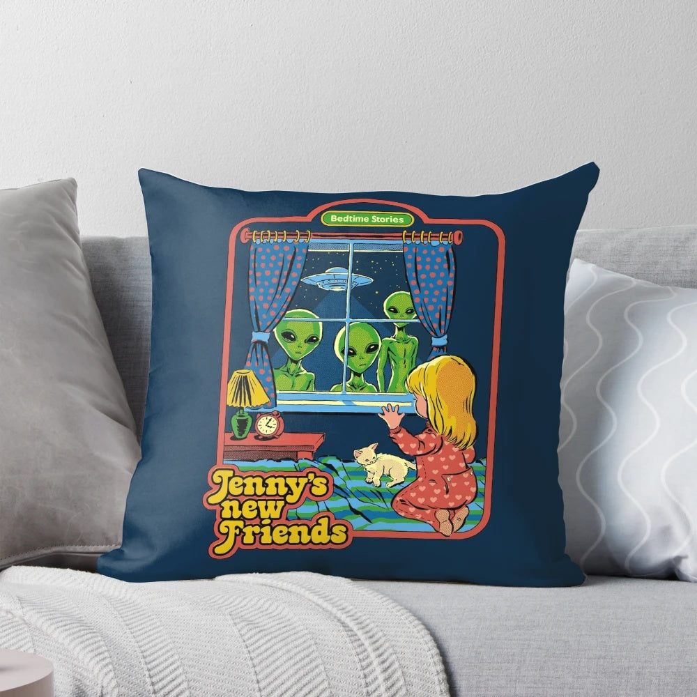 Decorative throw pillow featuring a retro, vintage-inspired design with aliens, UFOs, and a dark, humorous twist.