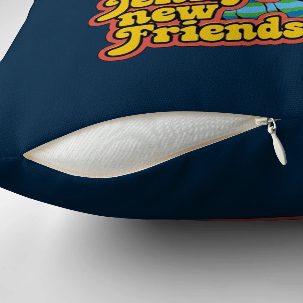 Decorative throw pillow featuring a retro, vintage-inspired design with aliens, UFOs, and a dark, humorous twist.