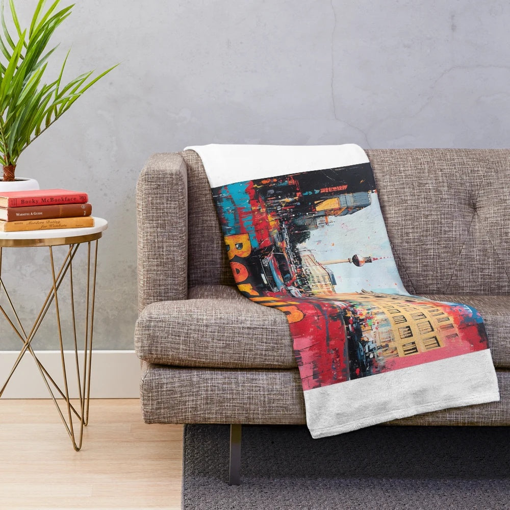 Retro Berlin city street art plush blanket with unique pastel design