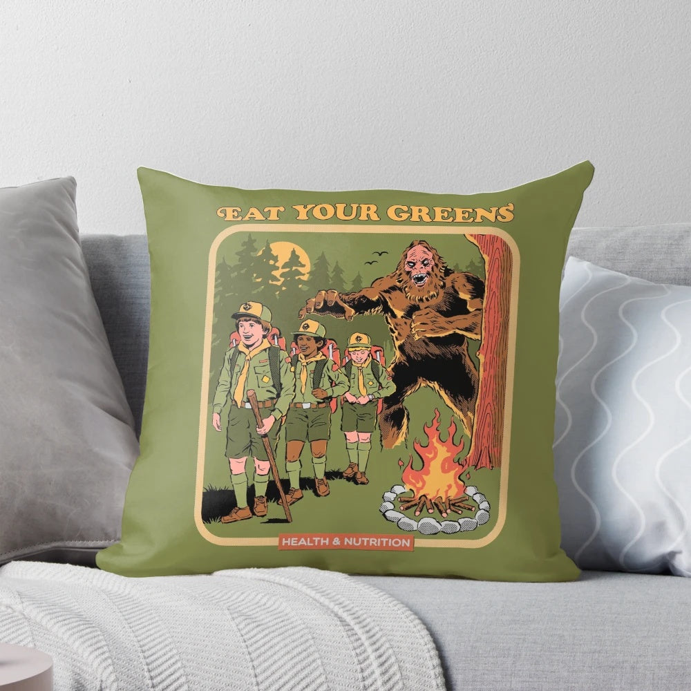 Retro Bigfoot horror camping pillow with a playful, vintage design