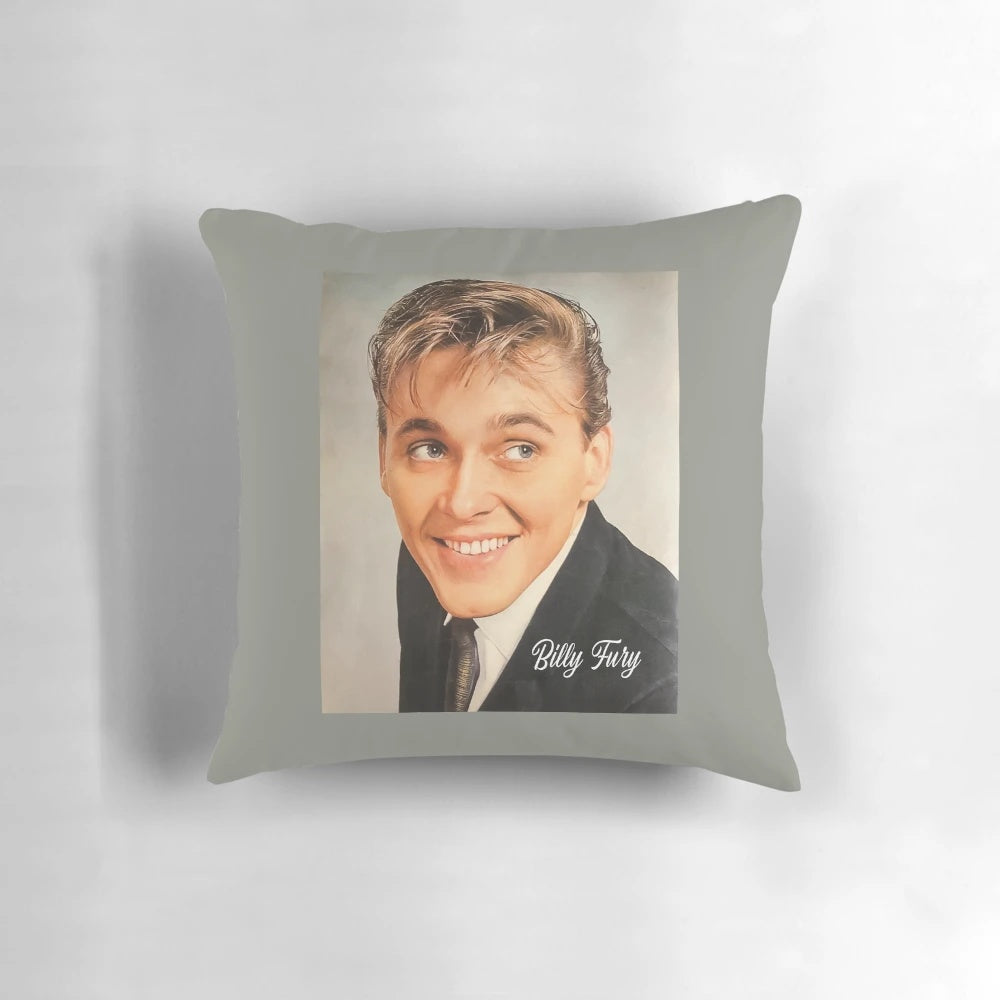 A decorative throw pillow featuring an illustration of the iconic British rock and roll singer Billy Fury.