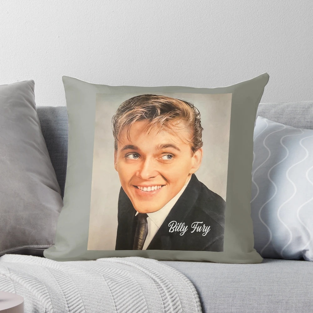 A decorative throw pillow featuring an illustration of the iconic British rock and roll singer Billy Fury.