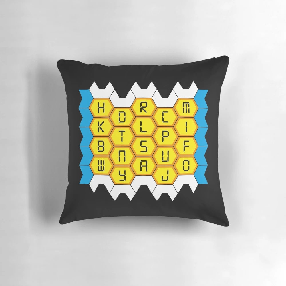 Decorative pillow featuring the Blockbusters logo and Bob Holness, the iconic host of the popular 80s TV game show.
