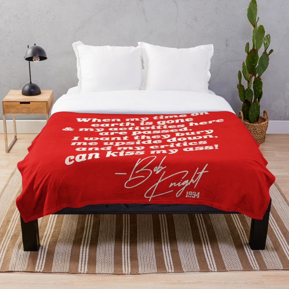 Retro-style plush blanket featuring basketball coach Bobby Knight