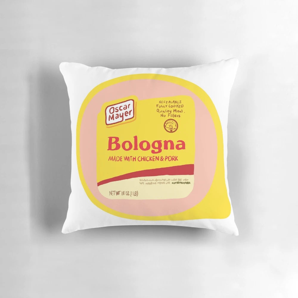 Vibrant illustration of Oscar Mayer bologna on a plush, decorative pillow.