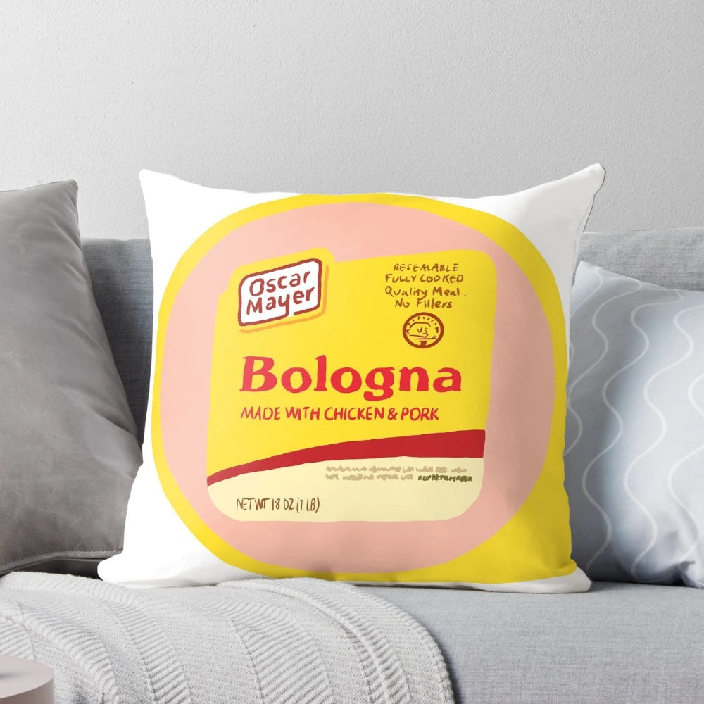 Vibrant illustration of Oscar Mayer bologna on a plush, decorative pillow.