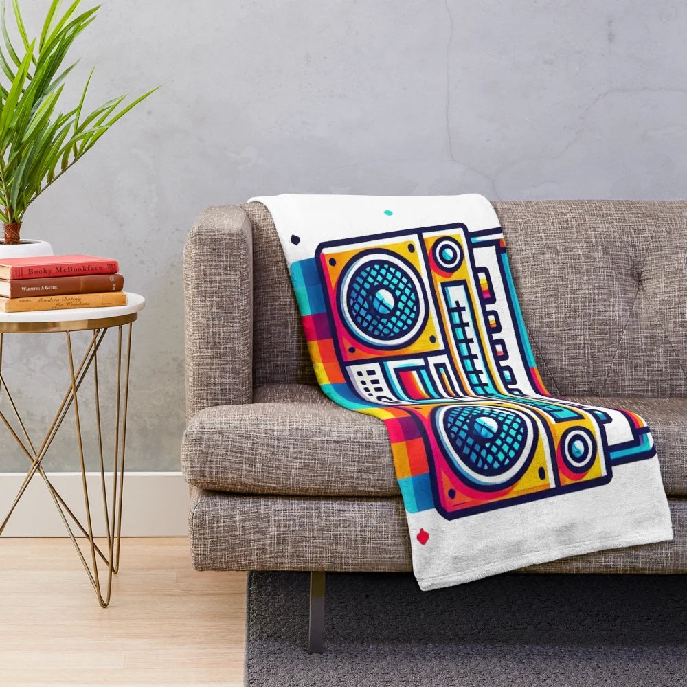 Vintage 80s boombox-themed plush blanket with colorful, nostalgic design
