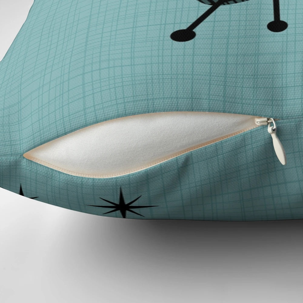 Retro boomerang and starburst patterned accent pillow for mid-century modern home decor