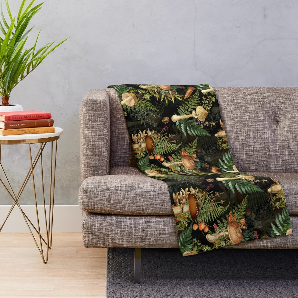Vintage-inspired botanical mushroom pattern plush blanket