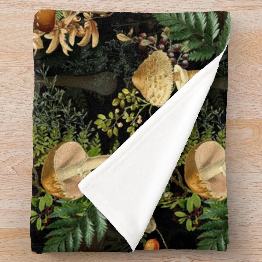 Vintage-inspired botanical mushroom pattern plush blanket