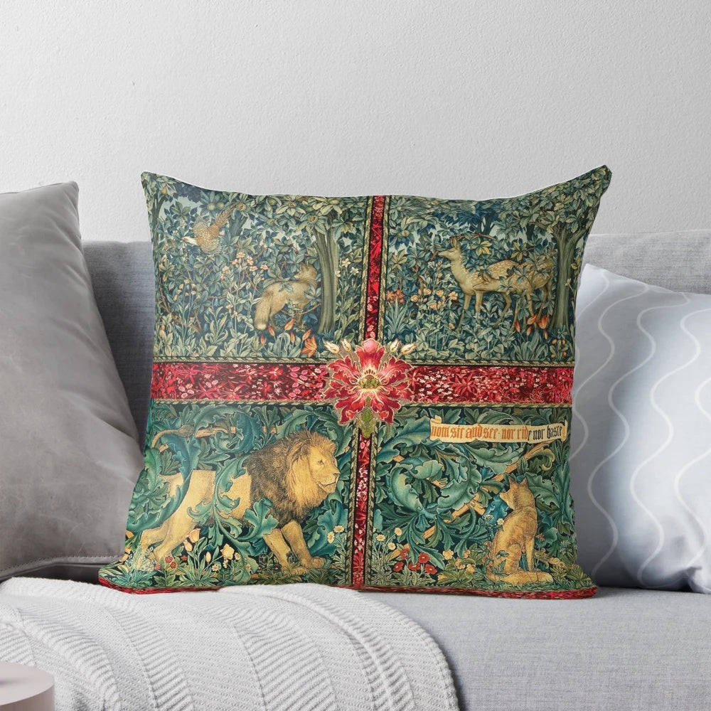 Decorative tapestry pillow featuring a green floral design with forest animals like a lion, fox, pheasant, and deer.
