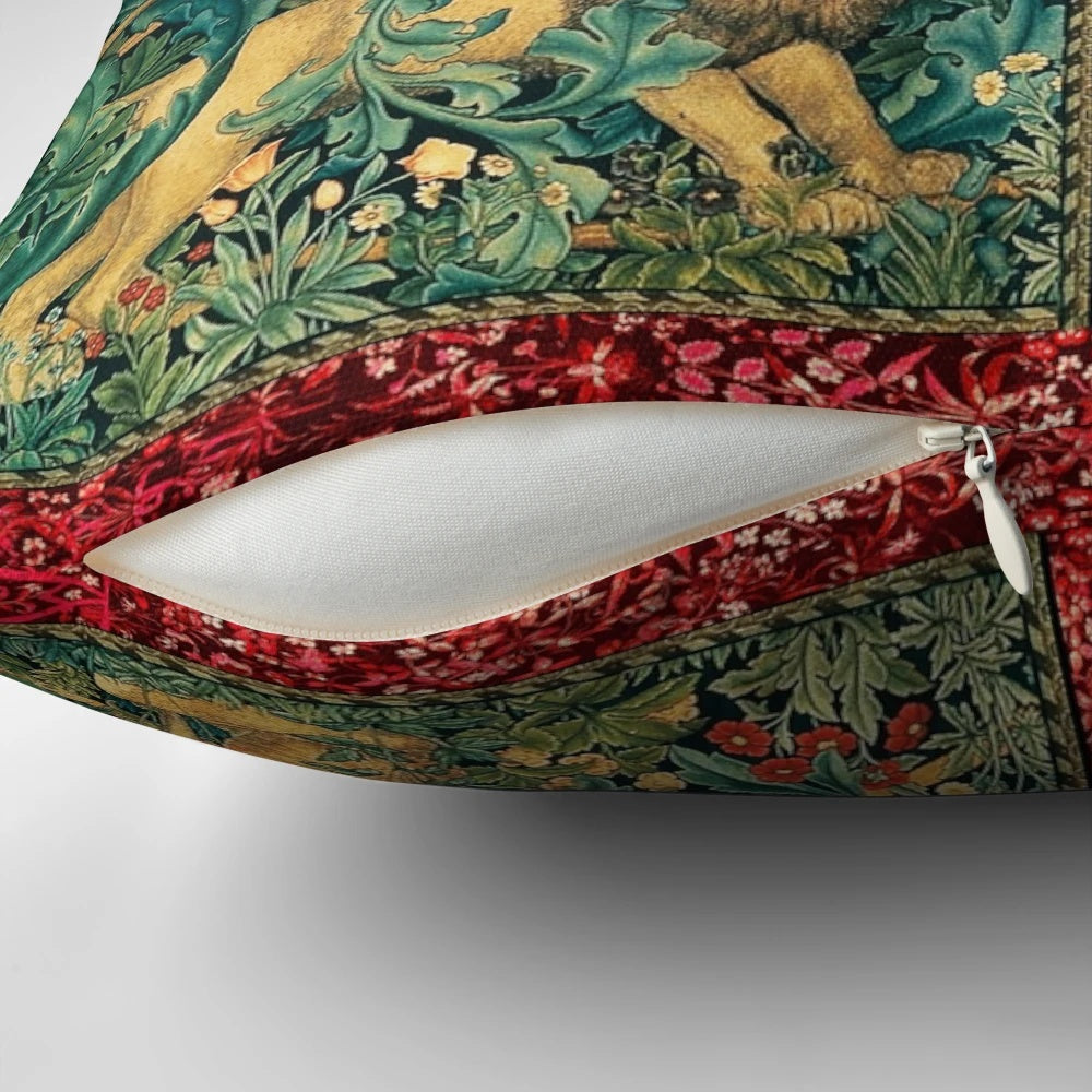 Decorative tapestry pillow featuring a green floral design with forest animals like a lion, fox, pheasant, and deer.