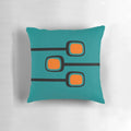 Retro mid century modern throw pillow with black and orange branches on a teal background