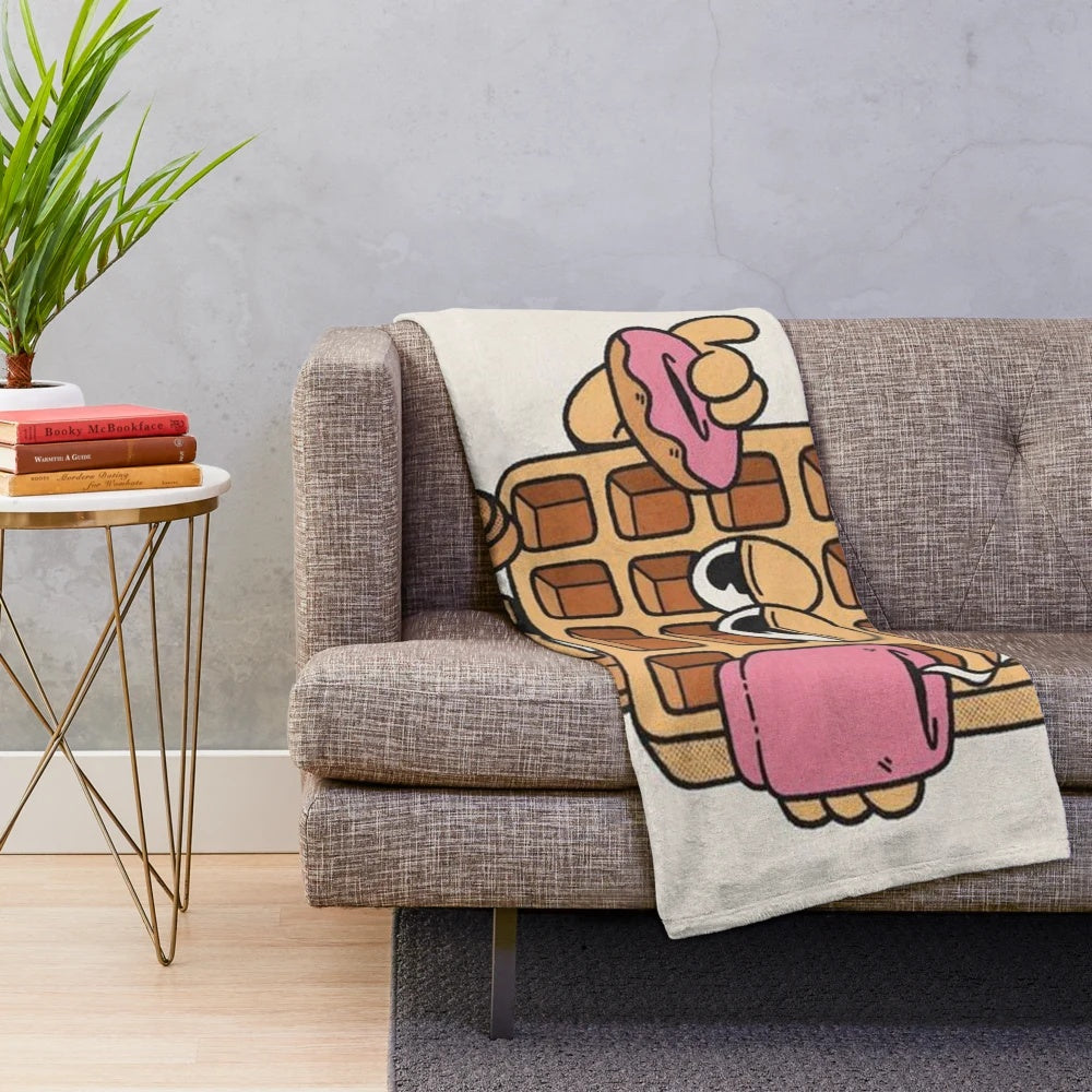 Retro breakfast-themed plush blanket with vintage pop culture design