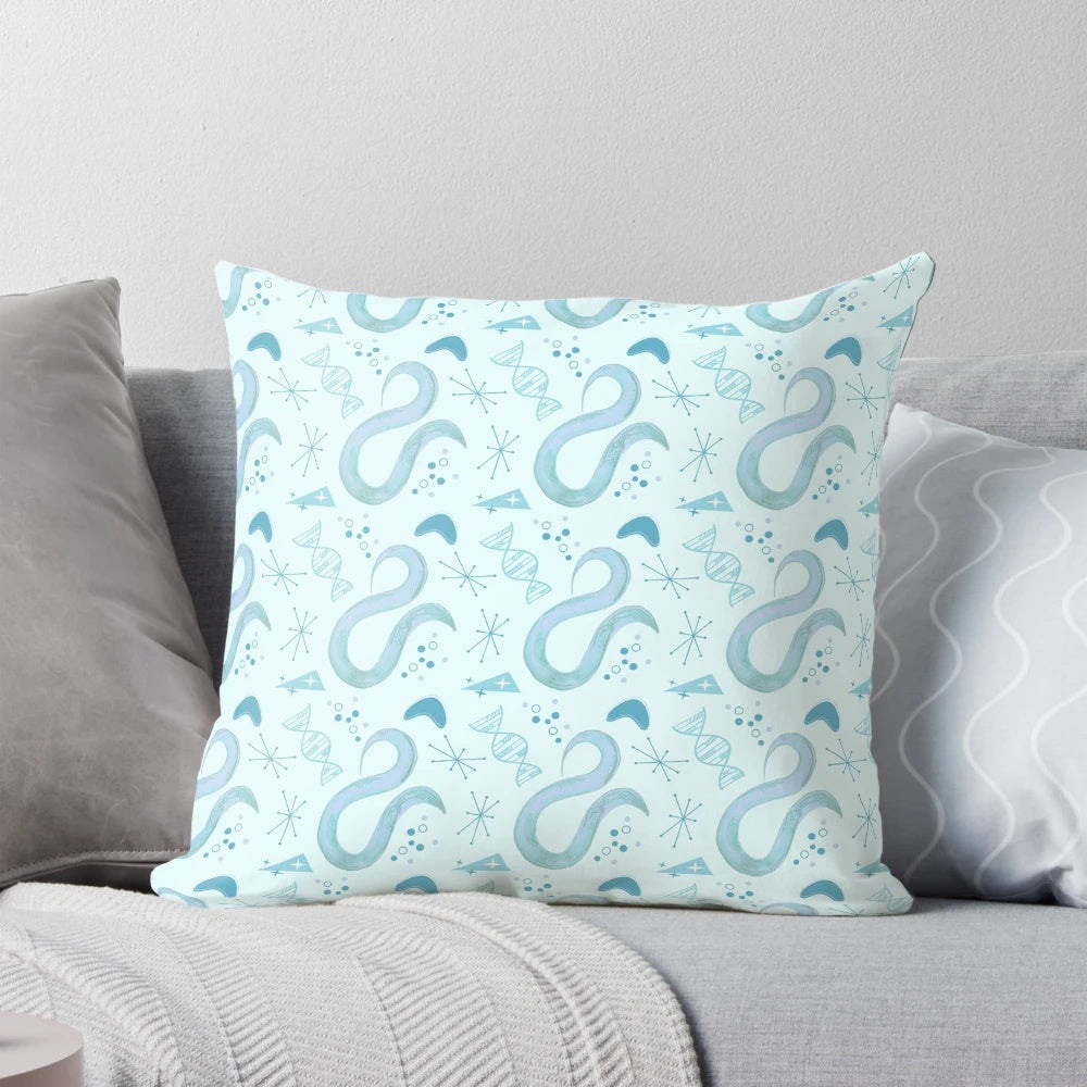 Retro-style illustration of the C. elegans nematode, a popular model organism for genetic research and developmental biology.