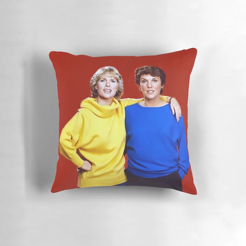 Vintage-style decorative throw pillow featuring the iconic "Cagney and Lacey" TV show logo