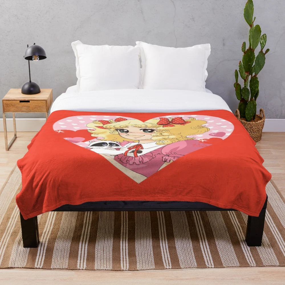 Cozy plush blanket with a retro candy-themed design inspired by classic 1980s anime