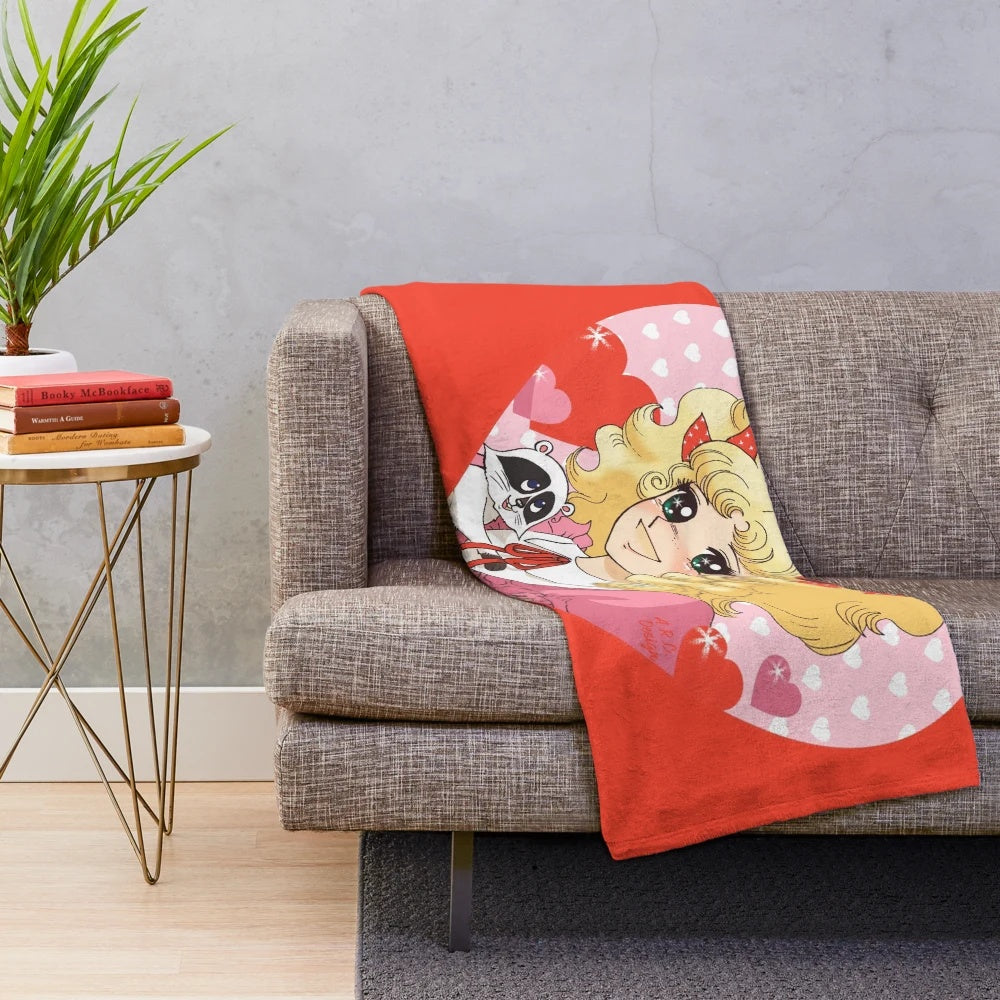 Cozy plush blanket with a retro candy-themed design inspired by classic 1980s anime