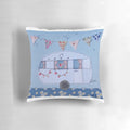 Retro-style white caravan or camper van-inspired decorative pillow with appliqué and embroidered details