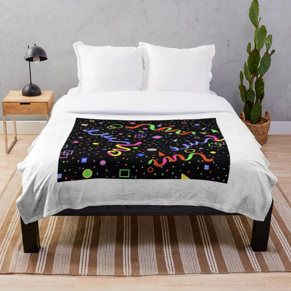 Retro carpet pattern plush blanket with neon colors and 80s/90s gaming aesthetic