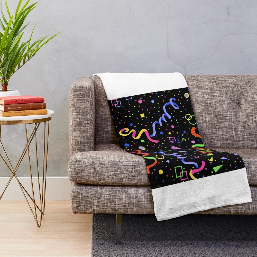 Retro carpet pattern plush blanket with neon colors and 80s/90s gaming aesthetic