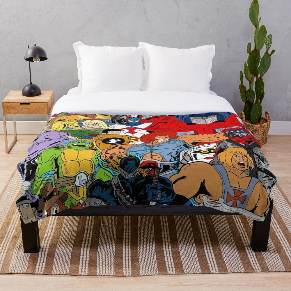 Retro cartoon collage plush blanket featuring classic 80s animation characters