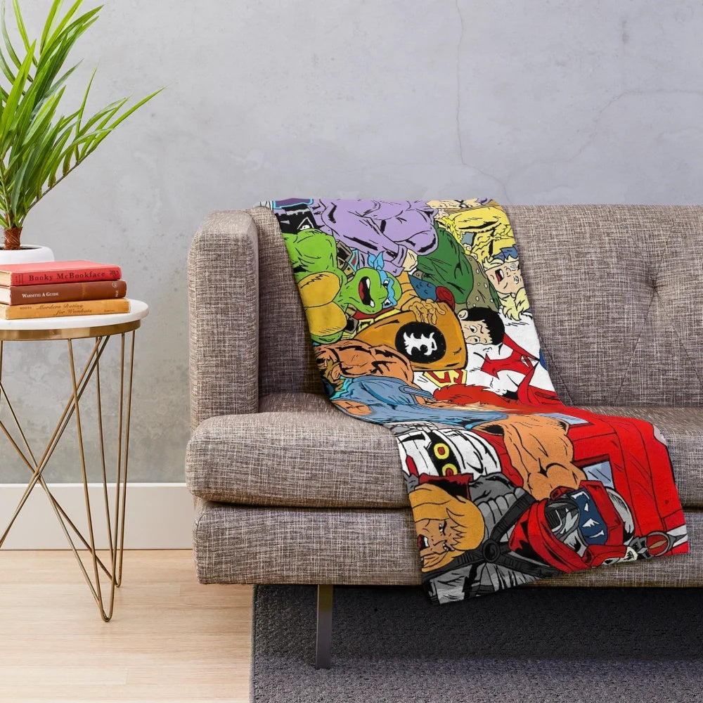 Retro cartoon collage plush blanket featuring classic 80s animation characters