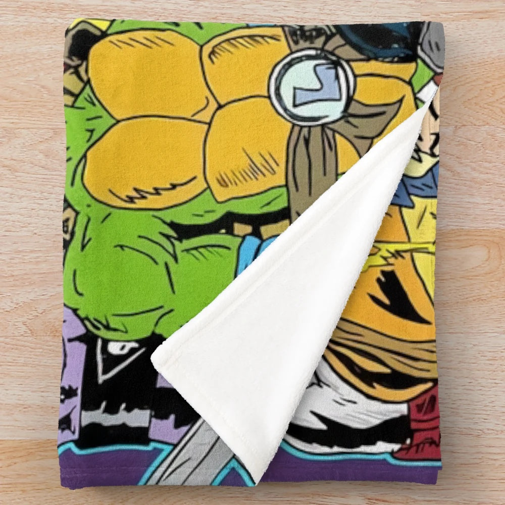Retro cartoon collage plush blanket featuring classic 80s animation characters