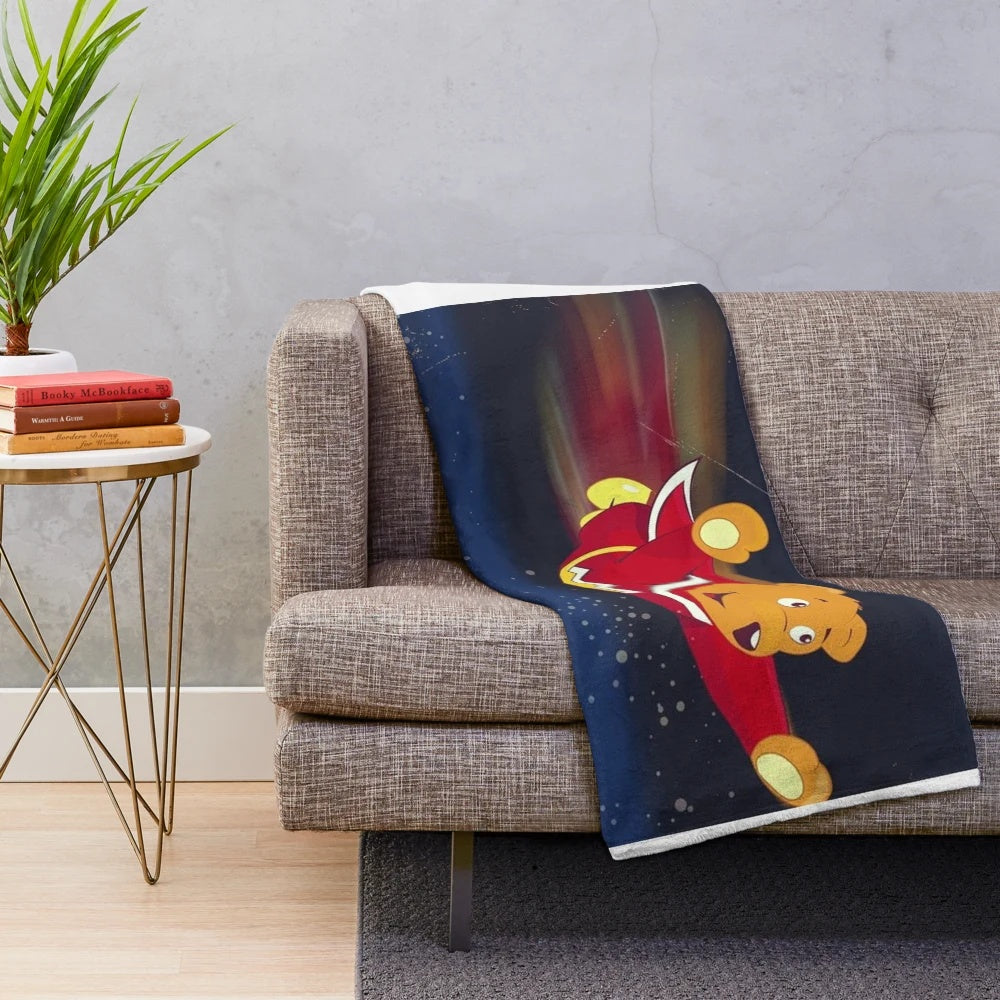 Plush blanket featuring a retro cartoon teddy bear superhero