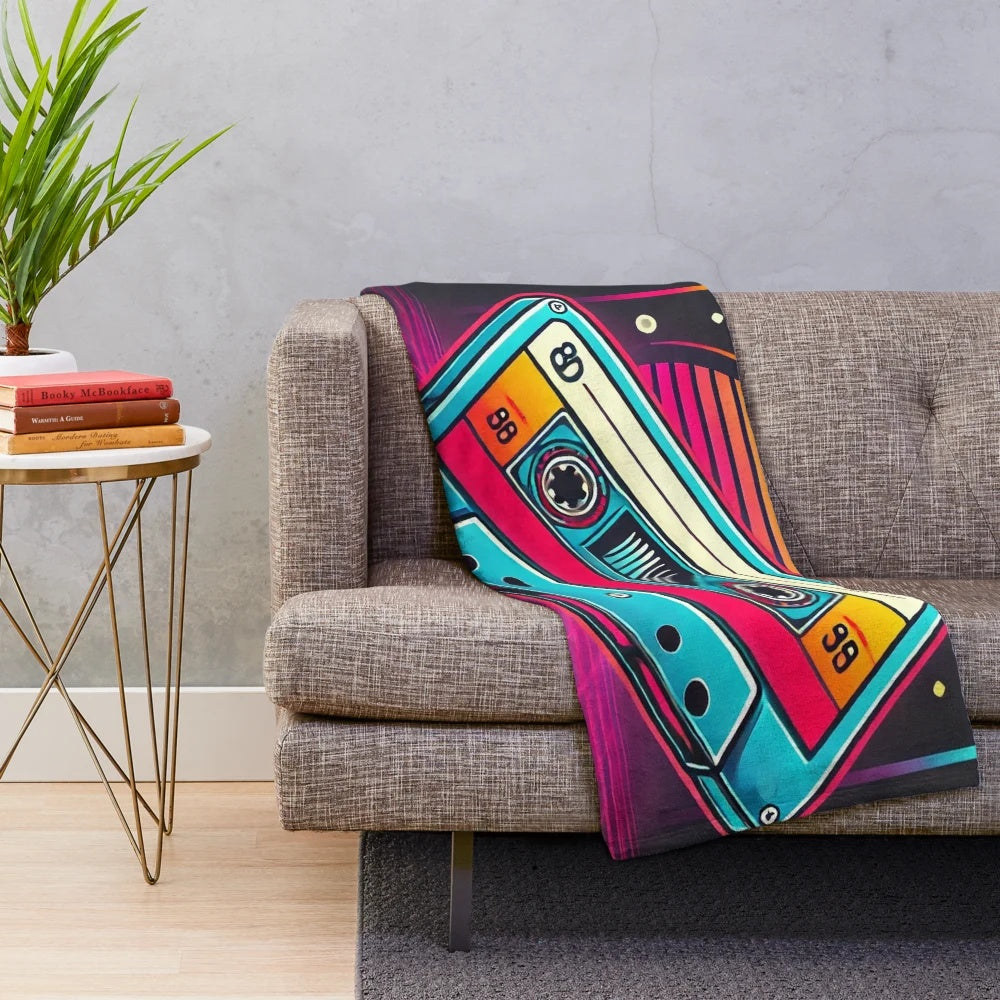Retro cassette player plush blanket with bold 80s-inspired colors and design