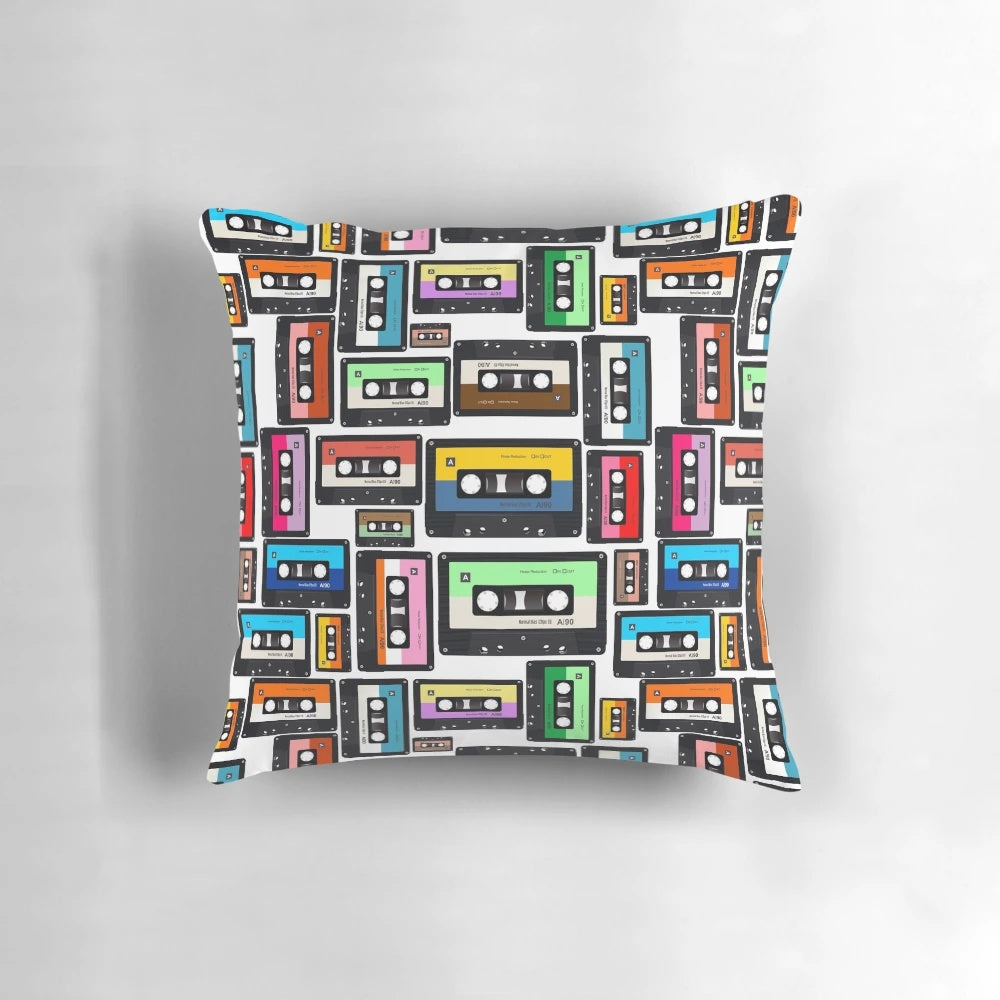 Vintage-style cassette tape and vinyl record-themed decorative pillow