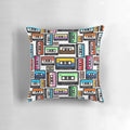 Vintage-style cassette tape and vinyl record-themed decorative pillow