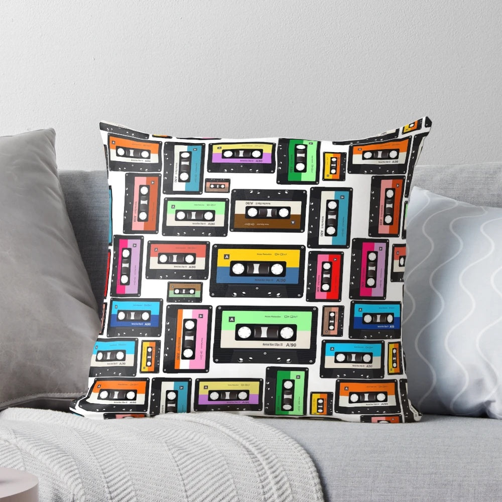 Vintage-style cassette tape and vinyl record-themed decorative pillow