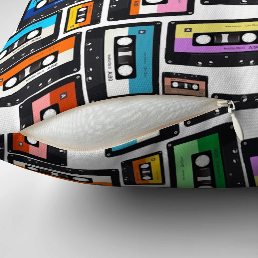 Vintage-style cassette tape and vinyl record-themed decorative pillow