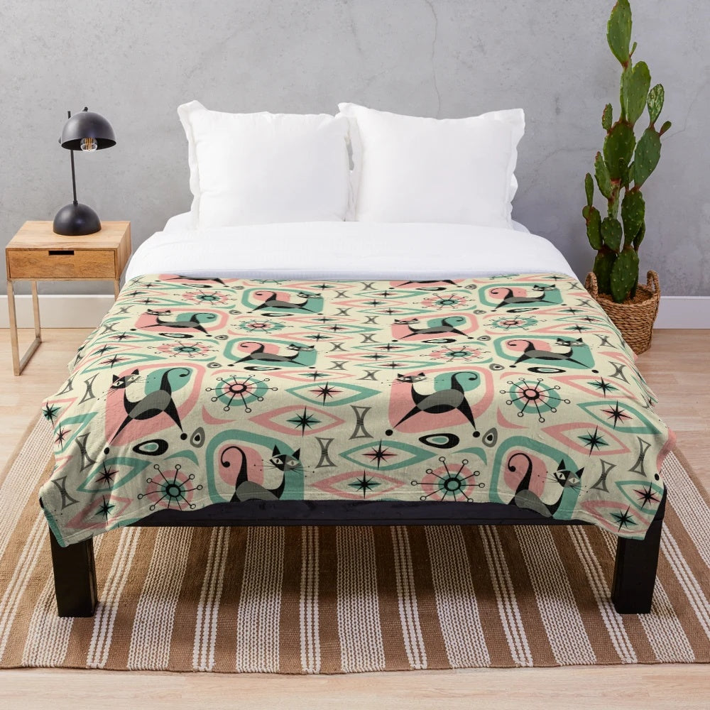Mid century cat abstract plush blanket with retro boomerang and atomic starburst patterns