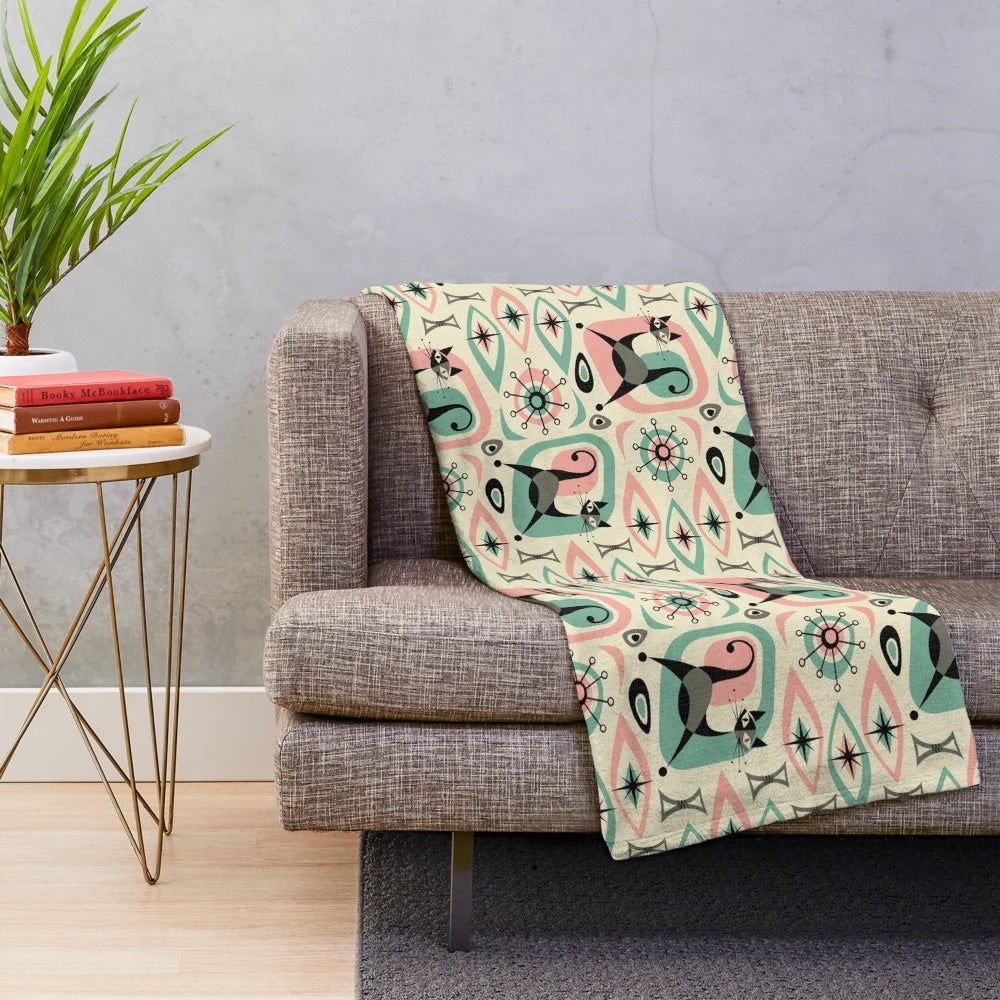 Mid century cat abstract plush blanket with retro boomerang and atomic starburst patterns