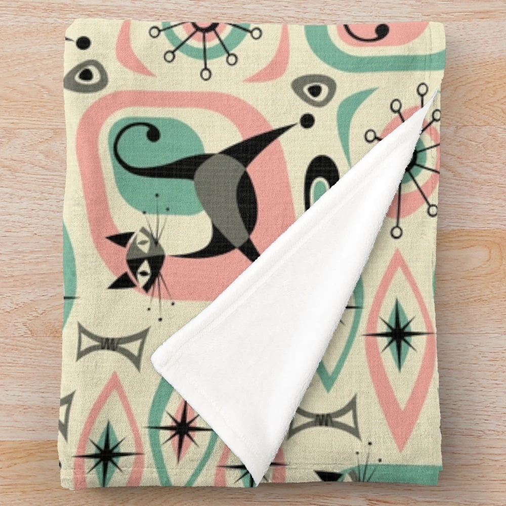 Mid century cat abstract plush blanket with retro boomerang and atomic starburst patterns