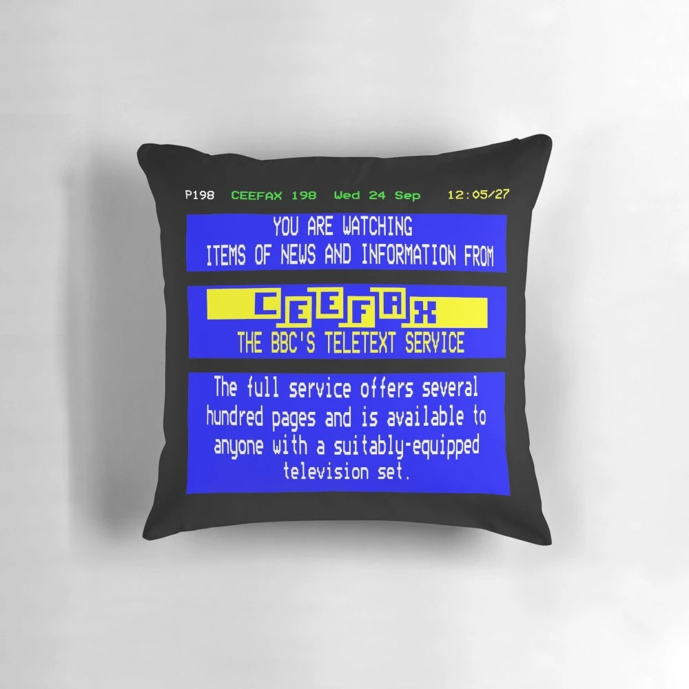 Vintage-inspired Ceefax pillow with retro television graphics