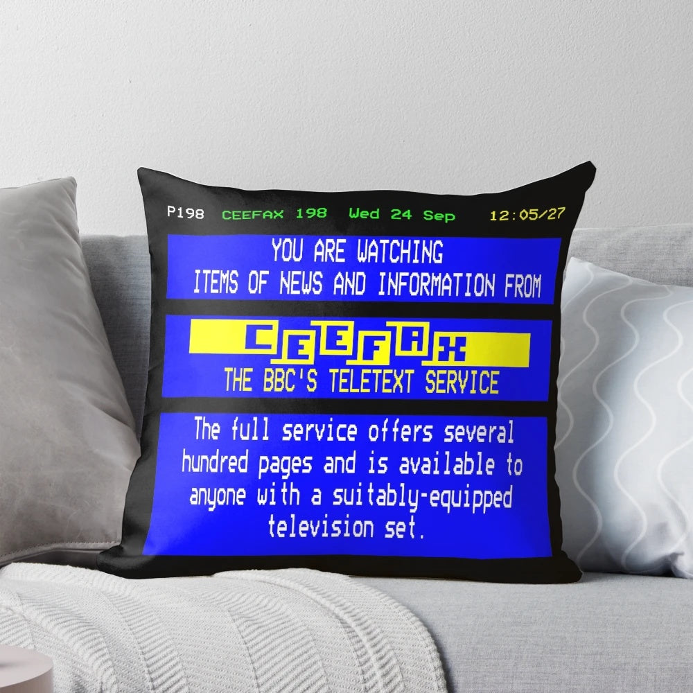 Vintage-inspired Ceefax pillow with retro television graphics